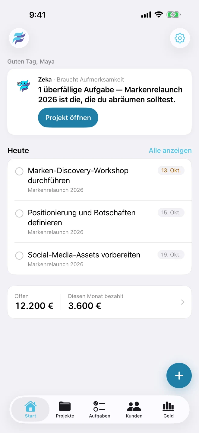 FreelancerFlow-Startbildschirm: Zeka markiert eine überfällige Aufgabe, listet die heutigen Aufgaben und zeigt offene gegenüber bezahlten Beträgen in diesem Monat