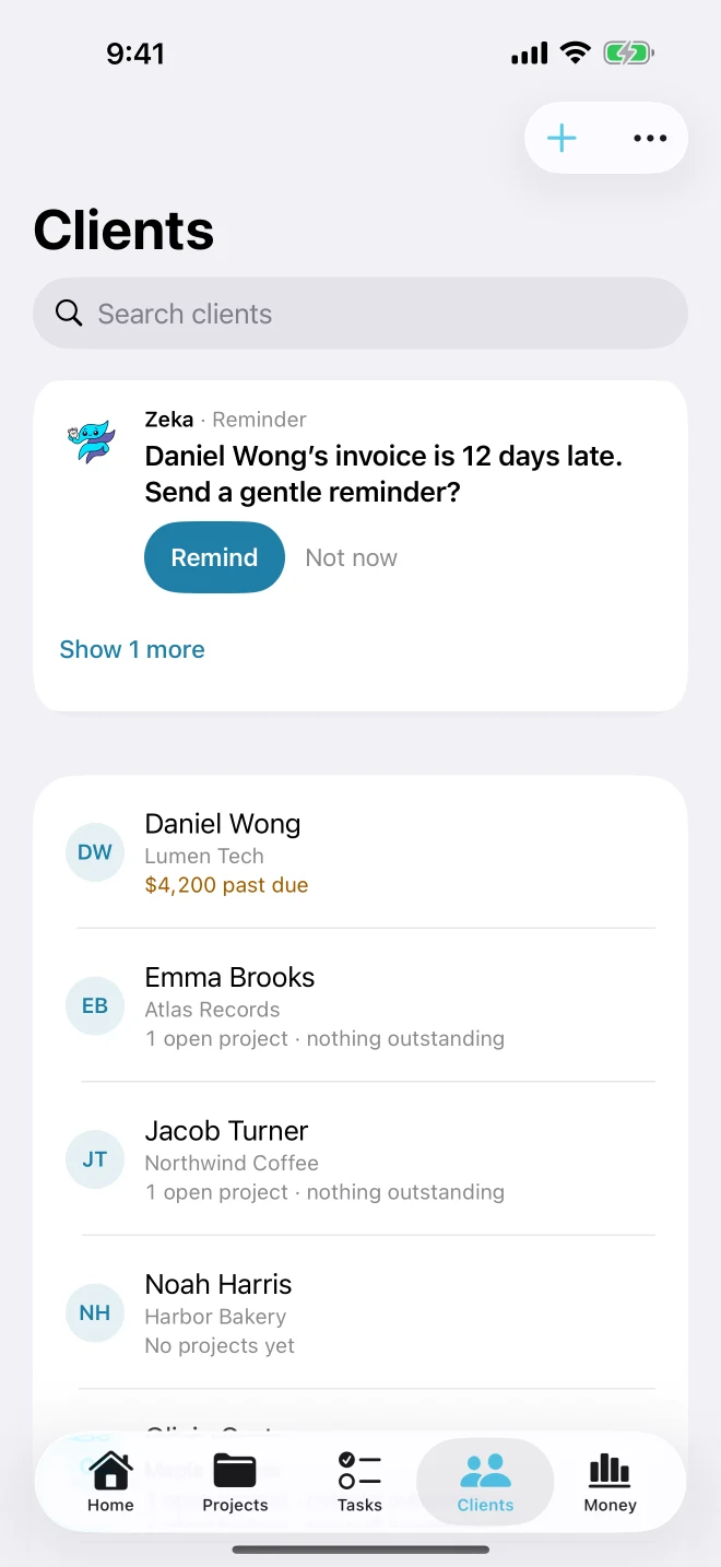 Clients list showing each client's outstanding balance and a Zeka reminder about a late invoice