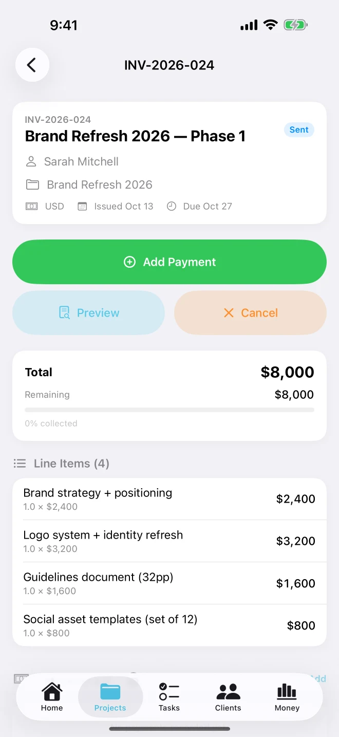 Invoice detail with total, remaining balance, line items and an Add Payment button