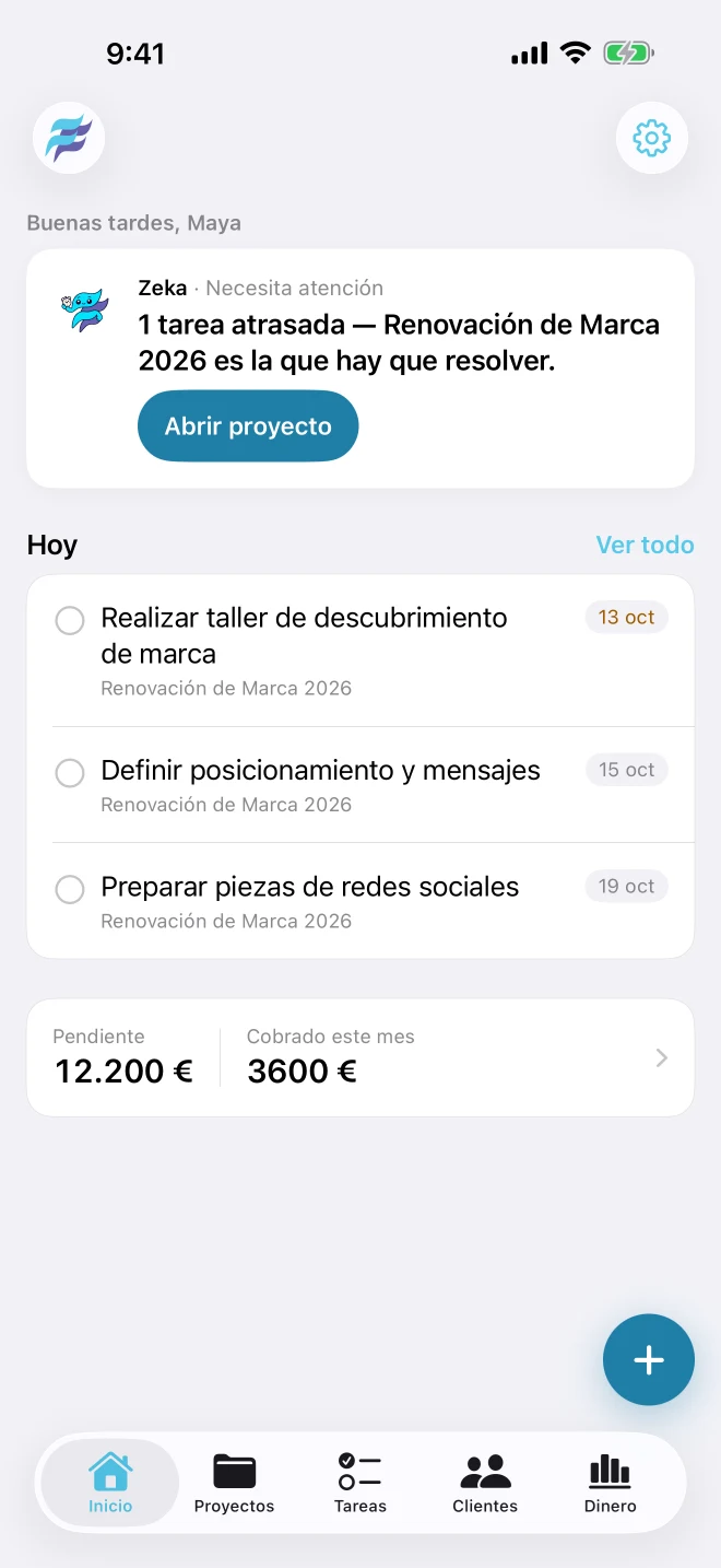 Pantalla de inicio de FreelancerFlow: Zeka señala una tarea atrasada, lista las tareas de hoy y muestra lo pendiente frente a lo cobrado este mes