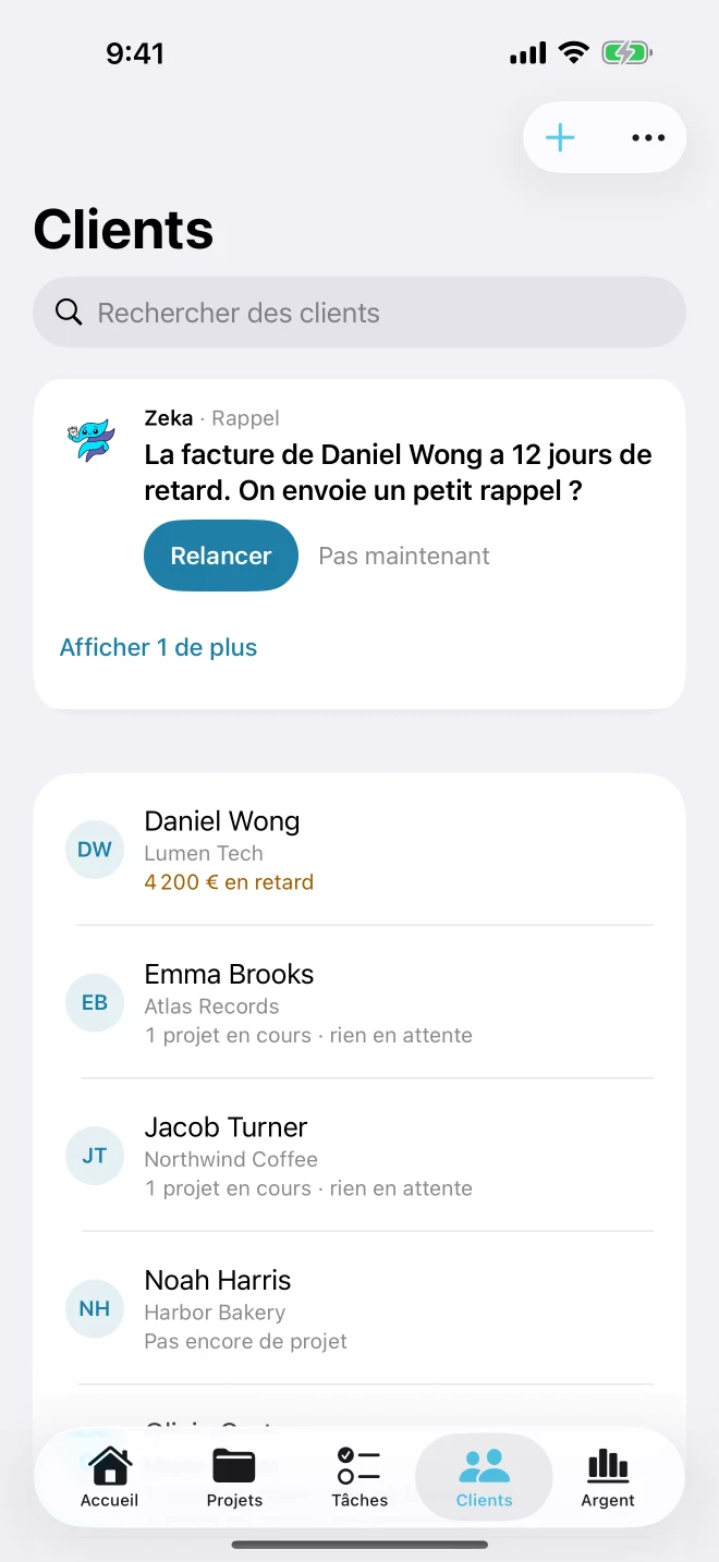Liste des clients avec le solde dû de chacun et un rappel de Zeka sur une facture en retard