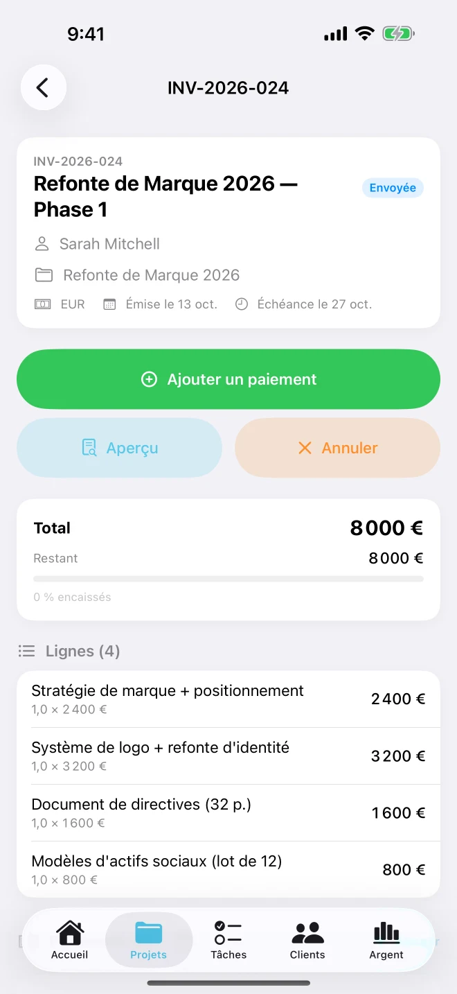 Détail de facture avec total, solde restant, lignes de facturation et un bouton Ajouter un paiement