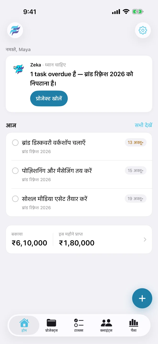 FreelancerFlow होम स्क्रीन: Zeka एक ओवरड्यू टास्क दिखाता है, आज के टास्क सूचीबद्ध करता है और इस महीने की बकाया बनाम प्राप्त राशि दिखाता है