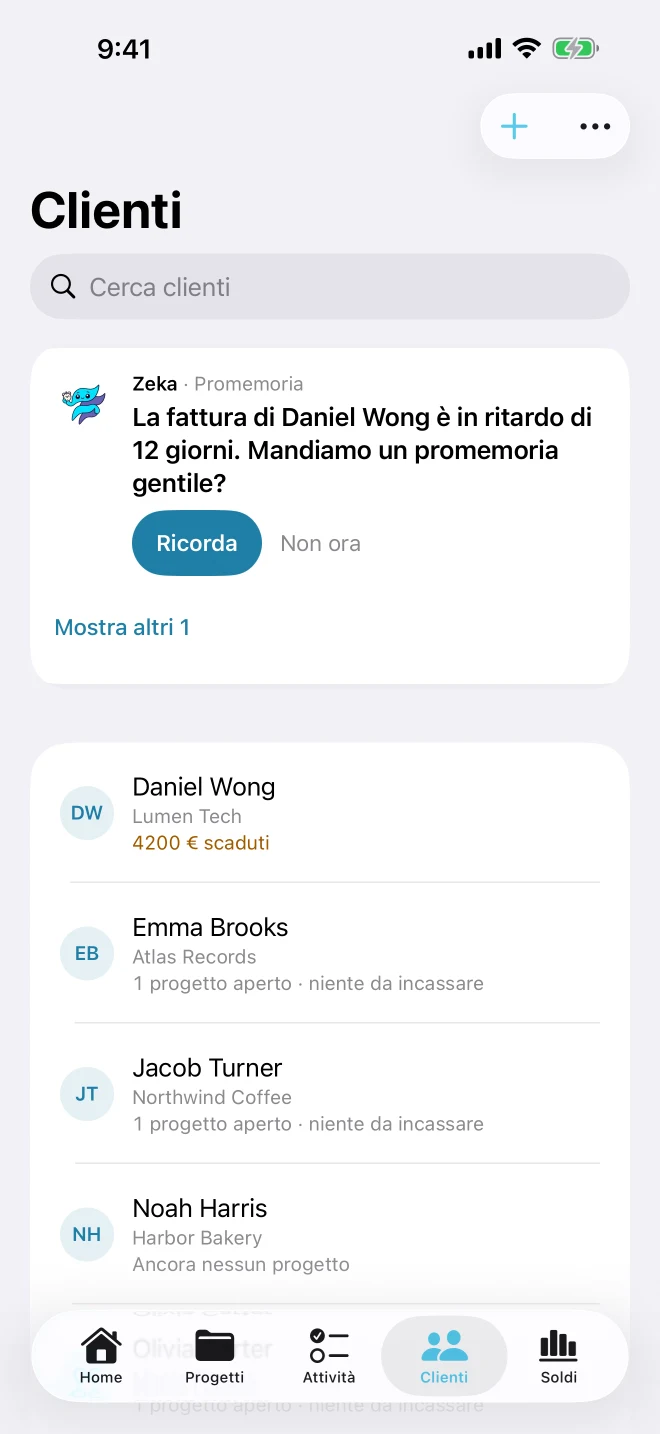 Elenco clienti con il saldo in sospeso di ciascuno e un promemoria di Zeka su una fattura in ritardo