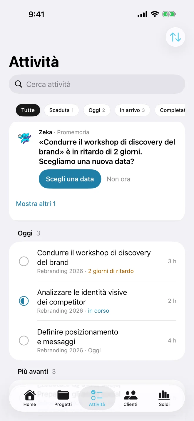 Schermata attività raggruppate in Oggi e Più tardi, con i filtri In ritardo e In arrivo e un promemoria di Zeka per scegliere una nuova data