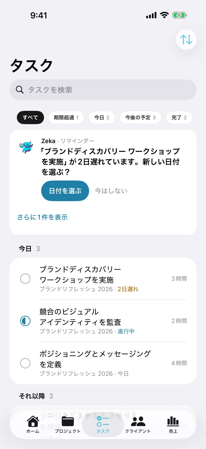 タスク画面：今日・後での2グループ、期限切れ・今後のフィルター、新しい日付の選択を促す Zeka のリマインダー