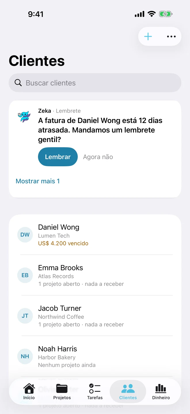 Lista de clientes mostrando o saldo em aberto de cada um e um lembrete do Zeka sobre uma fatura atrasada
