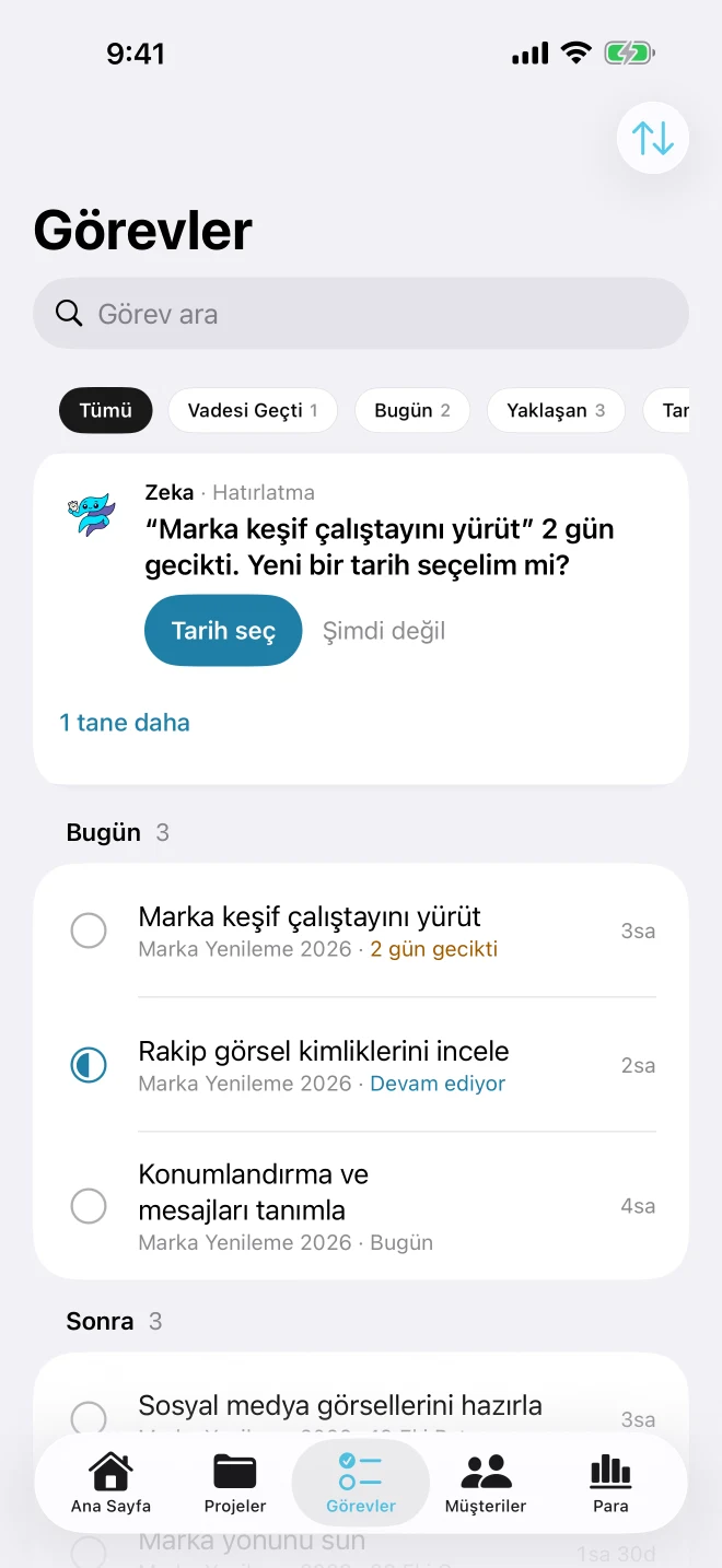 Bugün ve Sonra olarak gruplanmış görevler ekranı; Gecikmiş ve Yaklaşan filtreleri ve yeni tarih seçmek için Zeka hatırlatması