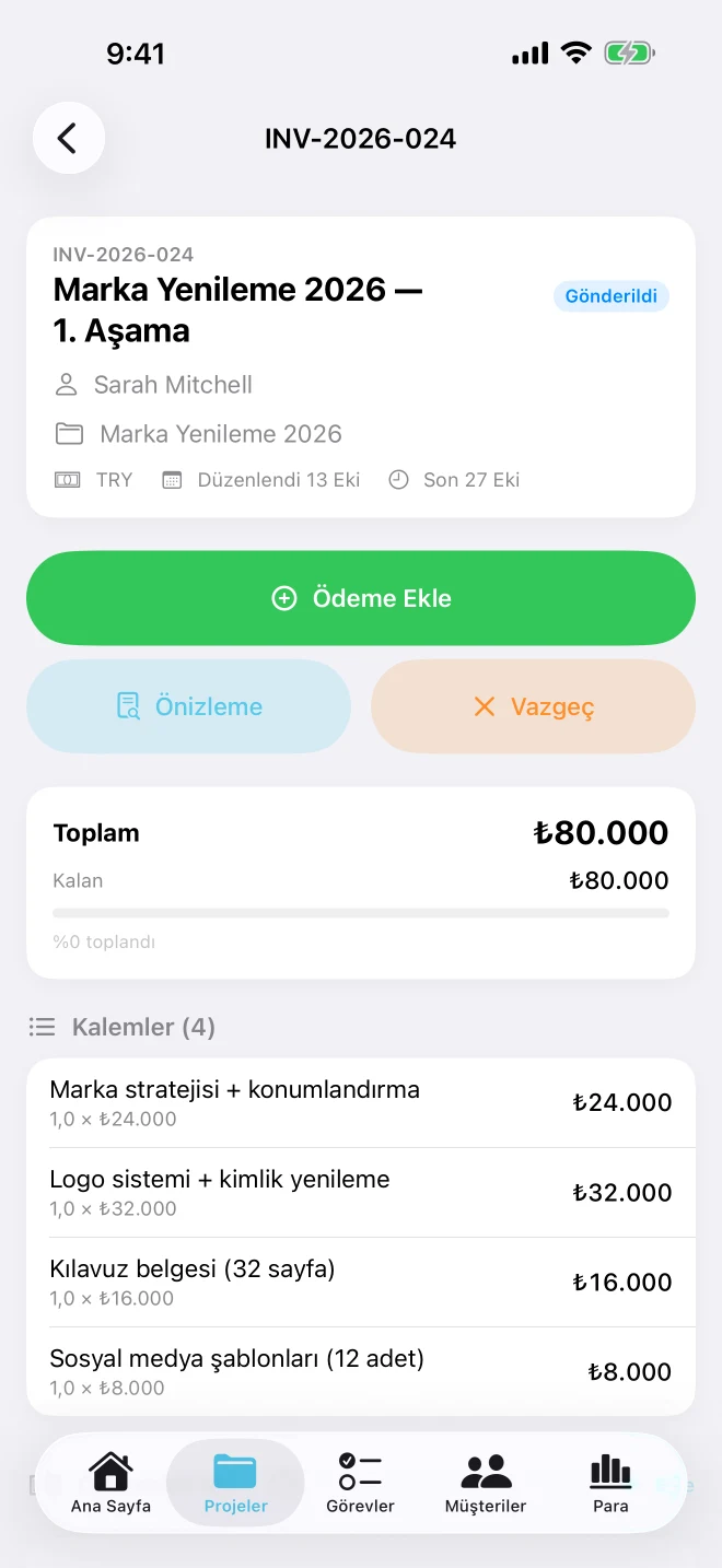 Toplam, kalan bakiye, kalemler ve Ödeme Ekle düğmesiyle fatura detayı