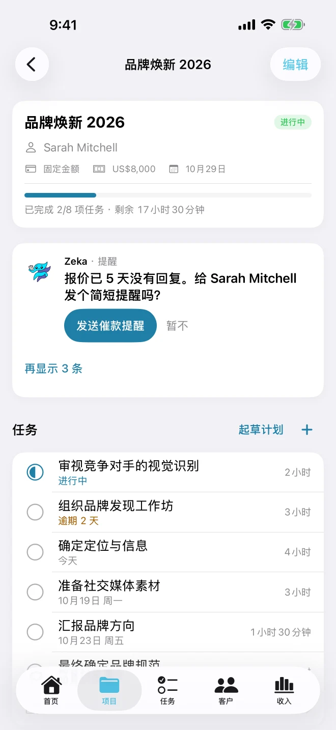 项目详情页：预算、截止日期、进度条、Zeka 跟进报价的提醒以及任务列表