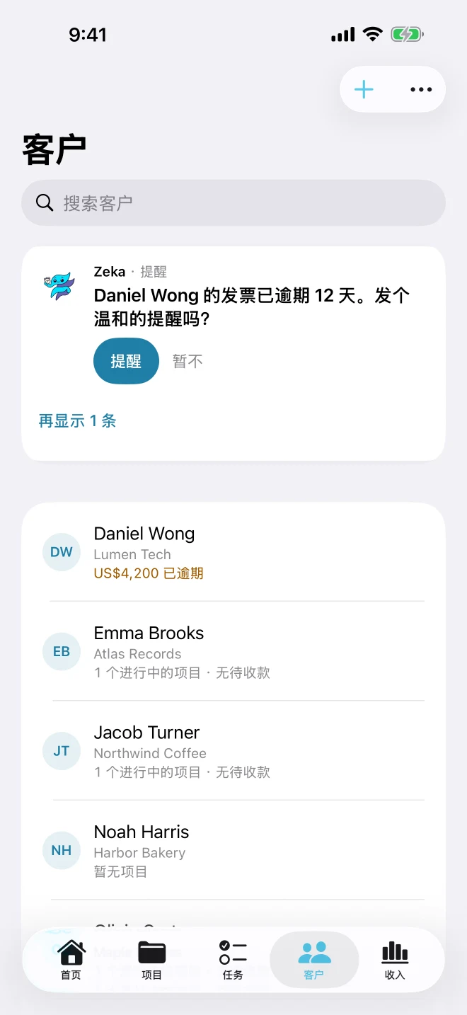 客户列表:显示每位客户的待收款余额,以及 Zeka 关于逾期发票的提醒