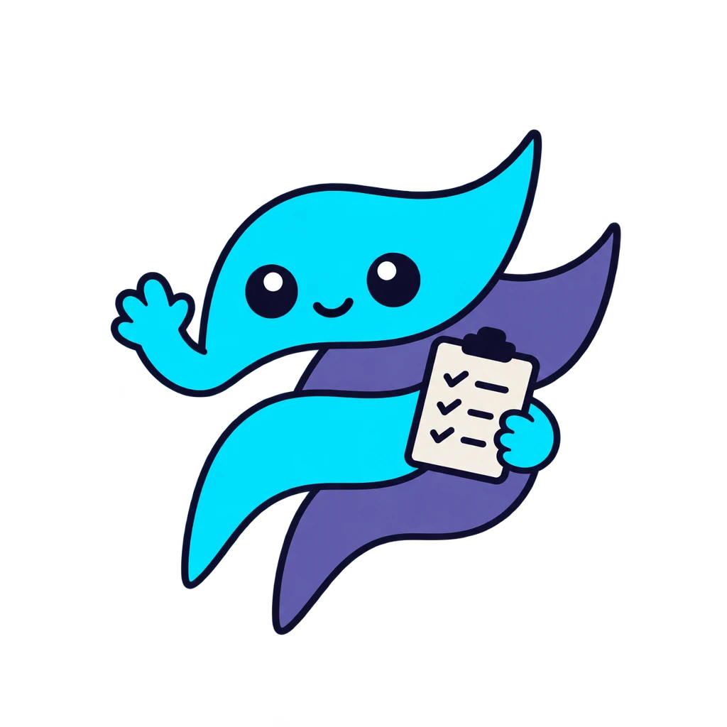 Zeka, the guide: a cyan and purple flame-shaped figure holding a clipboard and waving